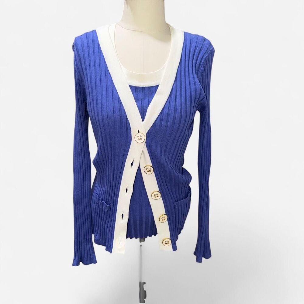 Cable-gauge Women's Blue and Navy Cardigan 2 piece - Picture 2 of 7